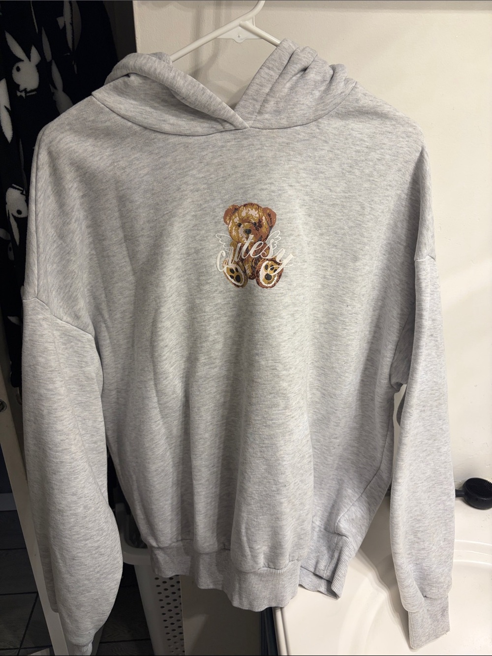 Primark Light Gray Hoodie with Embroidered Teddy Bear